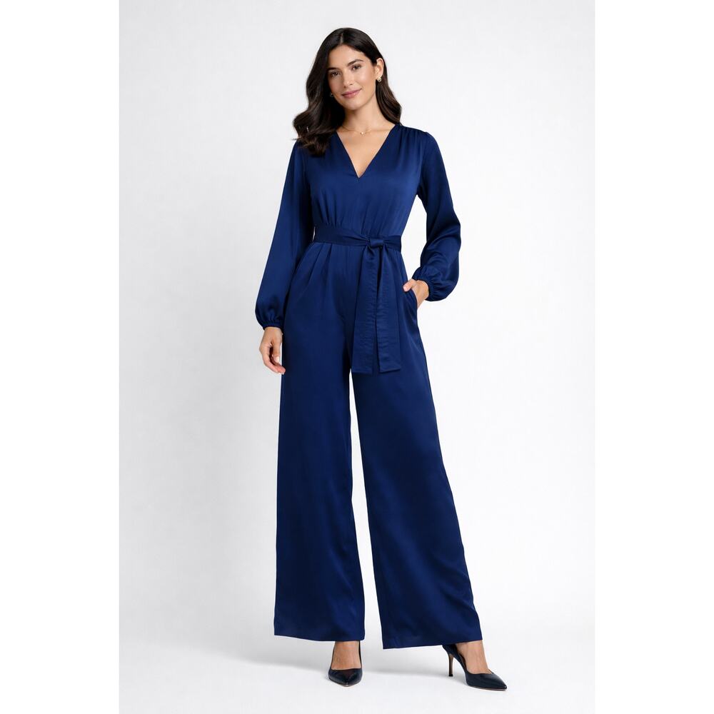 Ann Taylor V Neck Long Sleeve Satin Jumpsuit Deep Ocean Blue Womens Size 8 New